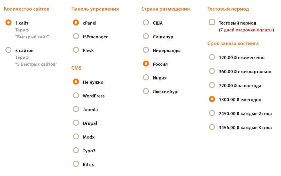 Выбор тарифа и конфигурации